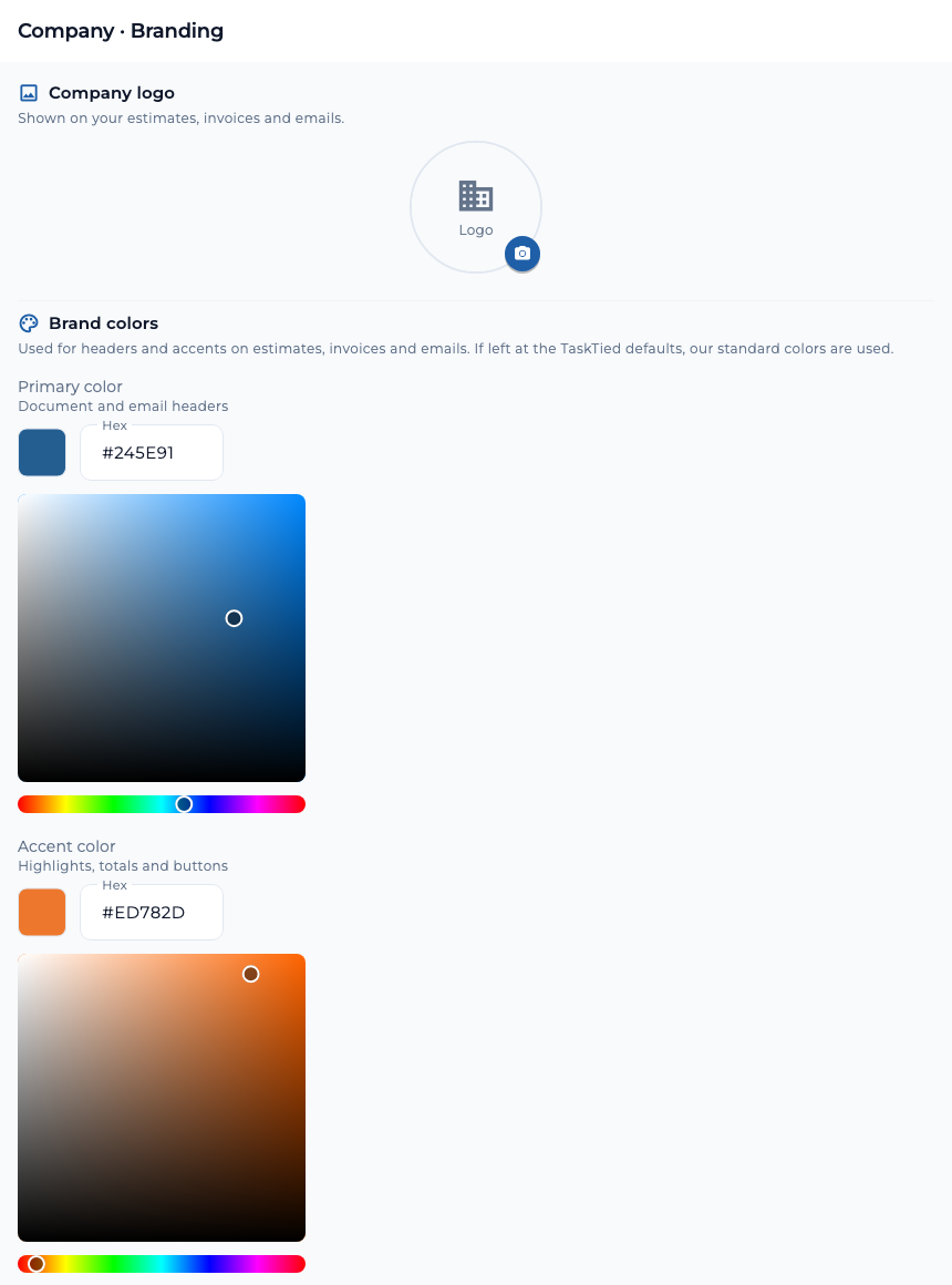 TaskTied company branding settings showing a logo upload and fictional blue primary and orange accent colors