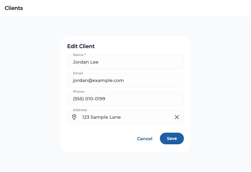 TaskTied client editor filled with fictional name, email, phone, and address details