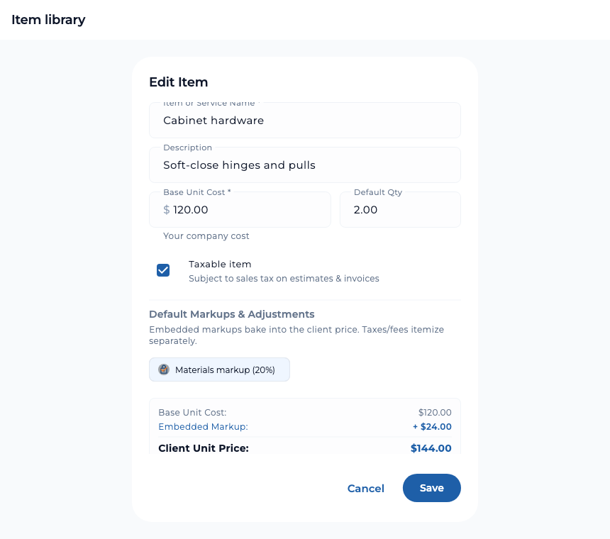 TaskTied item editor showing fictional cabinet hardware, a $120 base unit cost, quantity two, taxable setting, and a default materials markup