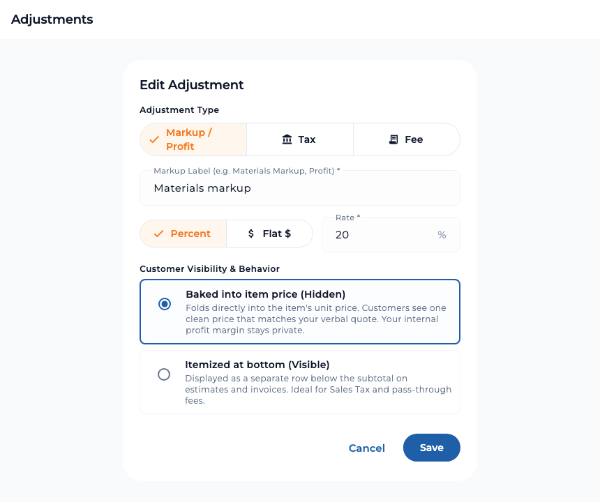 TaskTied adjustment editor with Markup, Tax, and Fee options, percent and flat amount choices, and client visibility settings