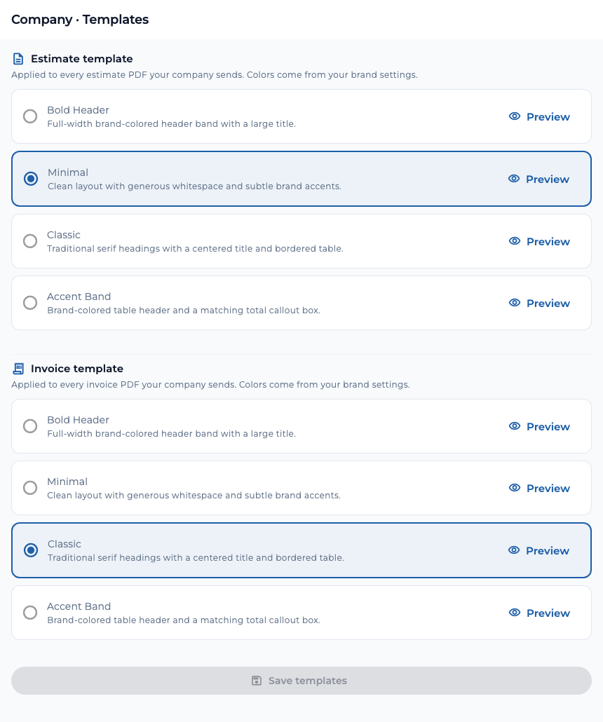 TaskTied template picker showing four available PDF styles and separate estimate and invoice template choices