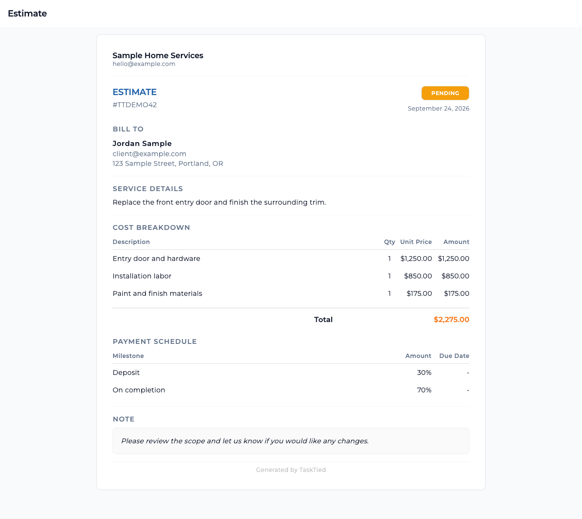 Sample TaskTied estimate showing a service description, itemized costs, total, payment schedule, and note