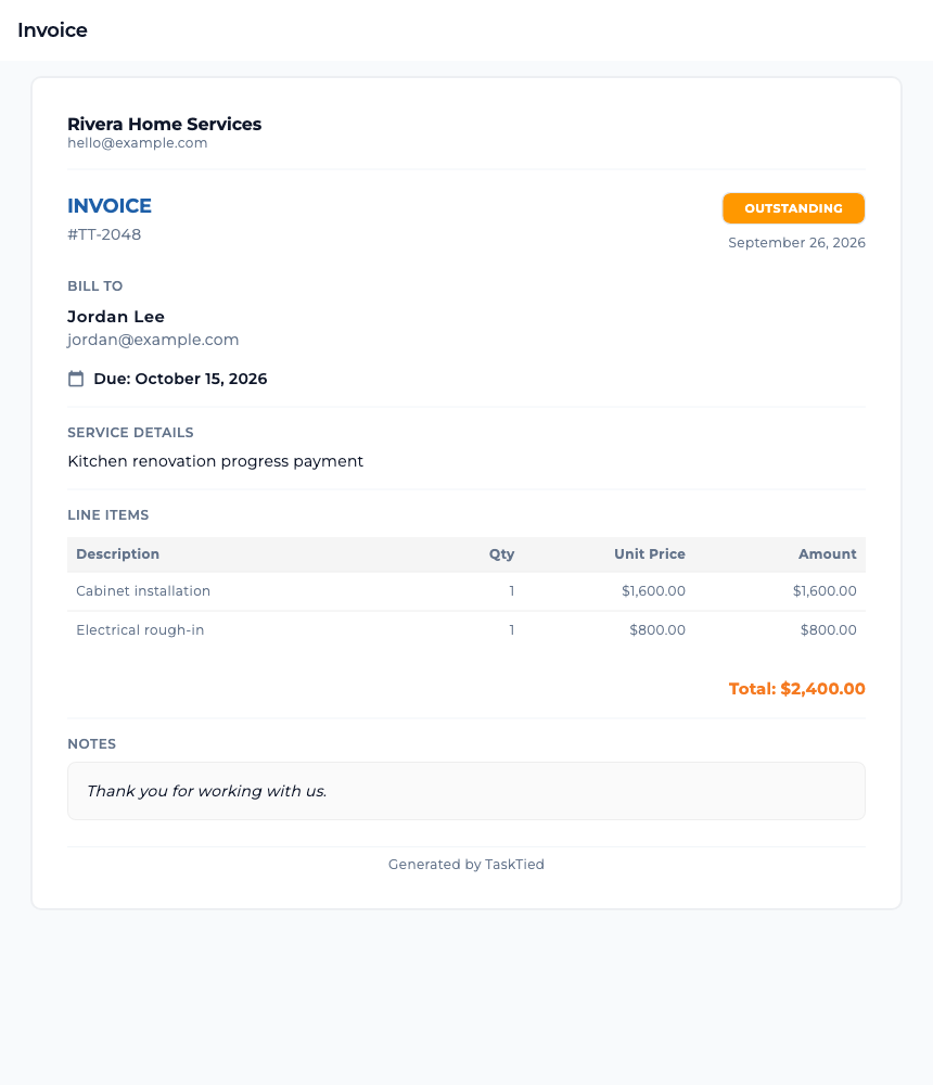 Example TaskTied invoice for a fictional kitchen renovation showing business and client details, two line items, a due date, and a $2,400 total