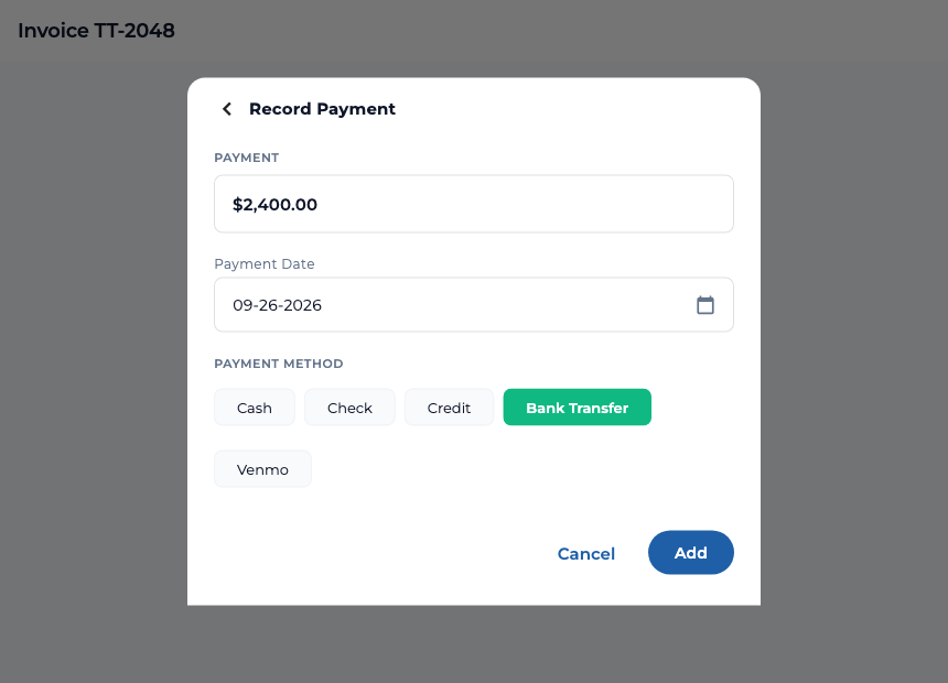 TaskTied Record Payment form for a fictional $2,400 invoice, showing payment date, method choices, and Add button