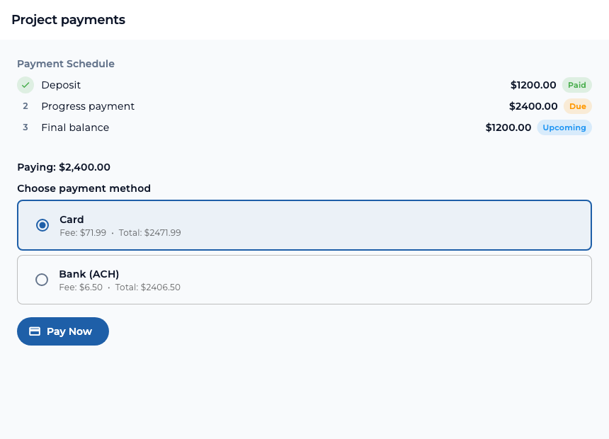 Example project payment schedule with a paid deposit, a due progress payment, an upcoming final balance, and card and bank payment choices