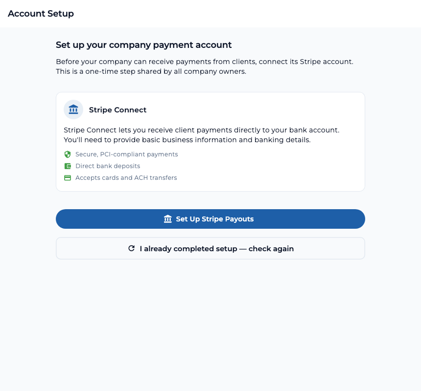 TaskTied company payment account setup screen with a Stripe Connect explanation and Set Up Stripe Payouts button