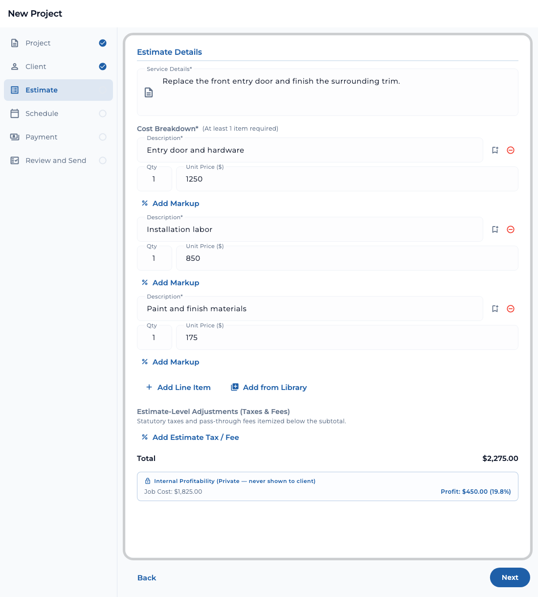 TaskTied project builder estimate step showing service details, three priced line items, library and tax controls, total, and private contractor profit