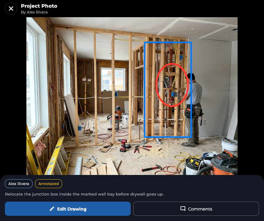 TaskTied project photo viewer showing blue and red drawings around a junction box in a fictional jobsite photo, plus a written note from the contractor