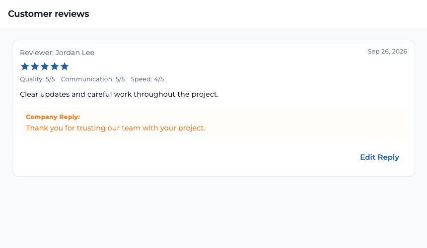 TaskTied customer review with fictional five-star feedback and the company's public reply