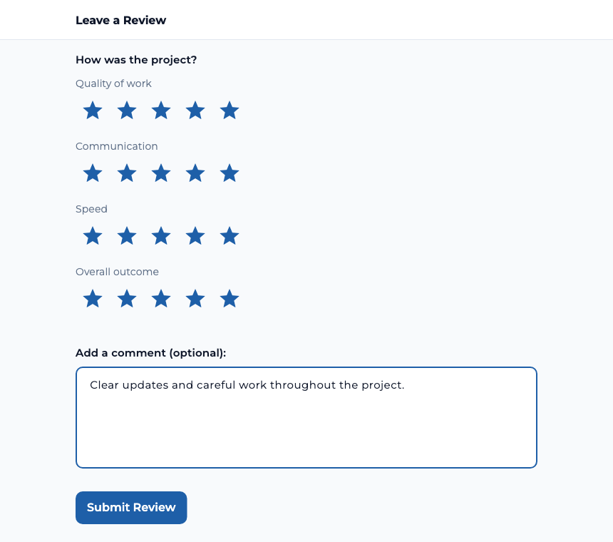TaskTied client review form with four five-star ratings, an optional sample comment, and Submit Review button