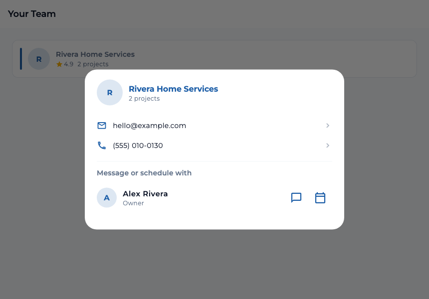 TaskTied Team contact panel for a fictional contractor, with company contact details and message and calendar actions for a previous collaborator