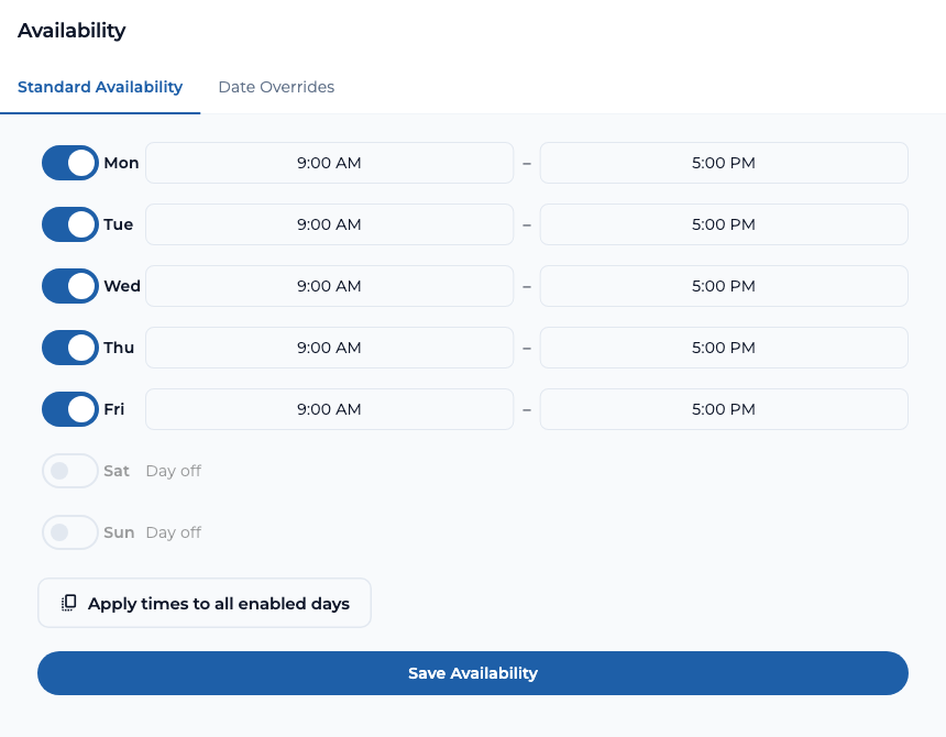 TaskTied availability settings showing weekday hours, weekend days off, Save Availability, and the Date Overrides tab