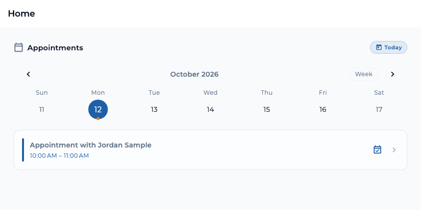 TaskTied weekly appointment calendar with a confirmed 10 to 11 AM visit