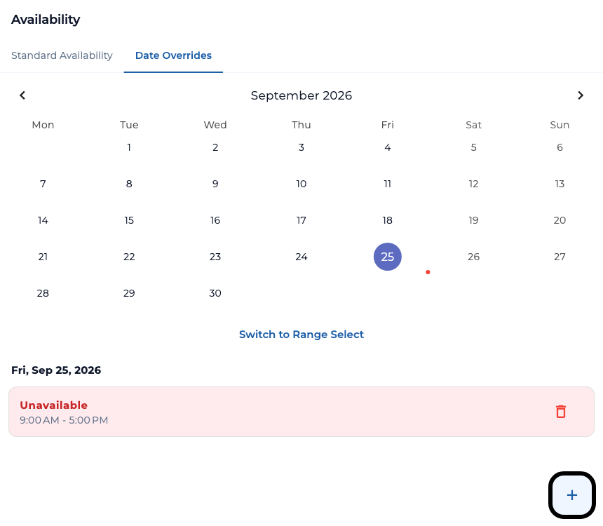 TaskTied Date Overrides calendar showing one selected day marked unavailable from 9 AM to 5 PM