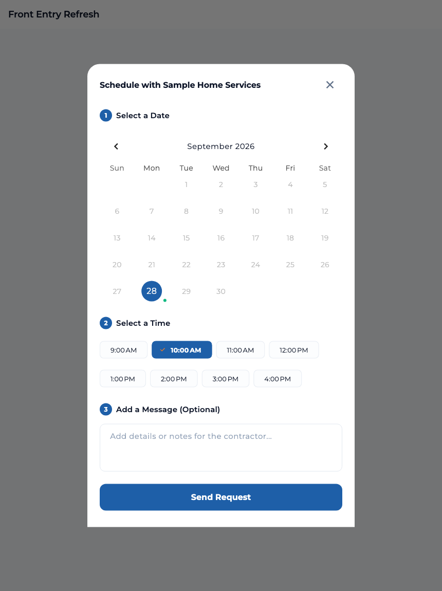 TaskTied appointment request dialog with a selected date, 10 AM time slot, optional message field, and Send Request button