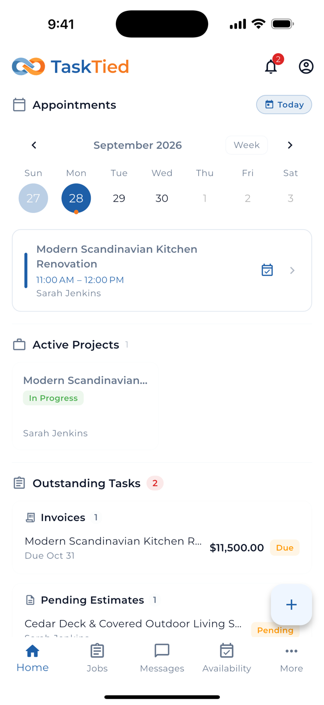 TaskTied mobile project dashboard showing active projects and status