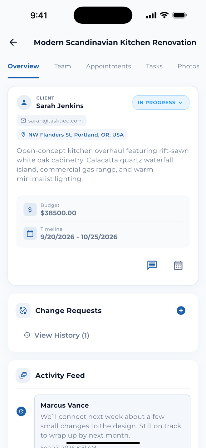 TaskTied mobile project view with team tabs and documents