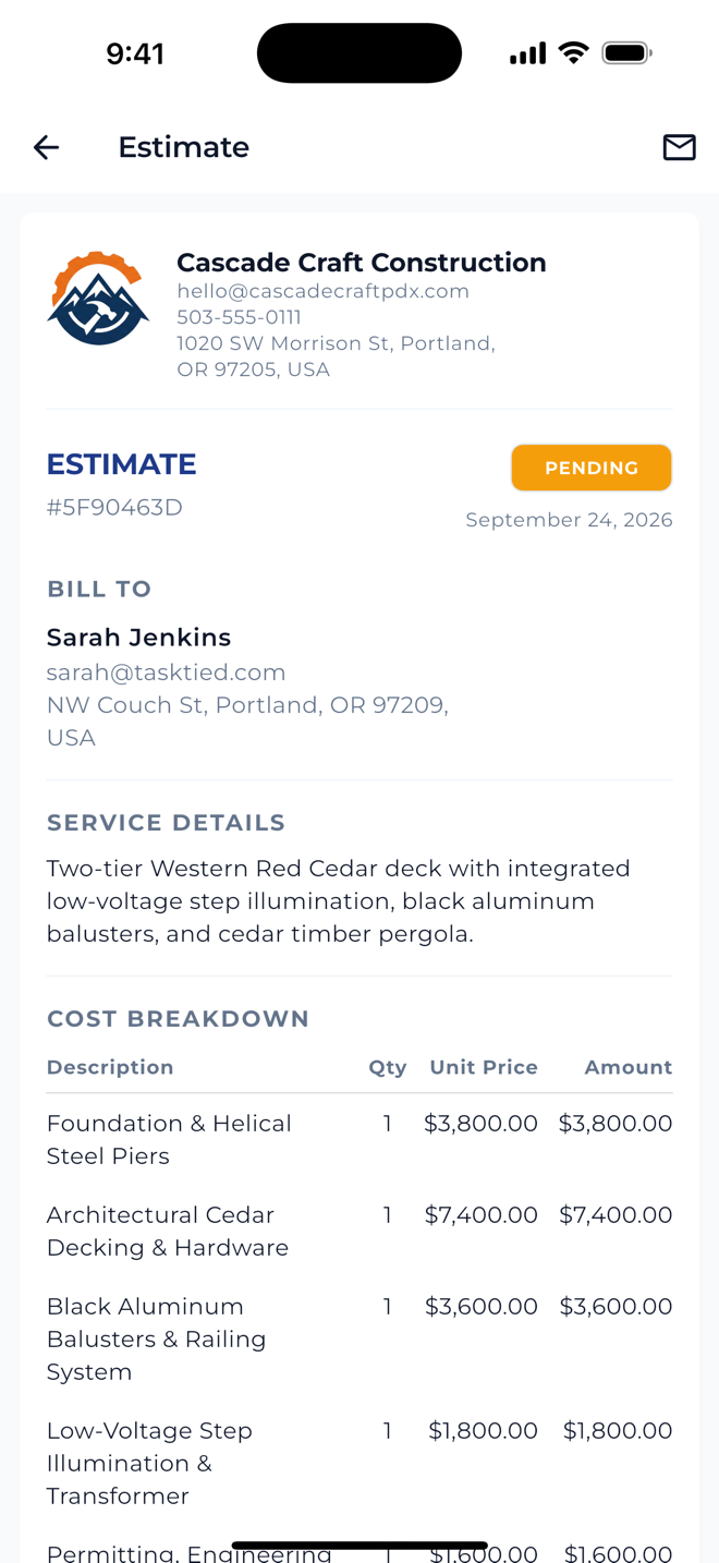 TaskTied mobile estimate preview and itemized pricing