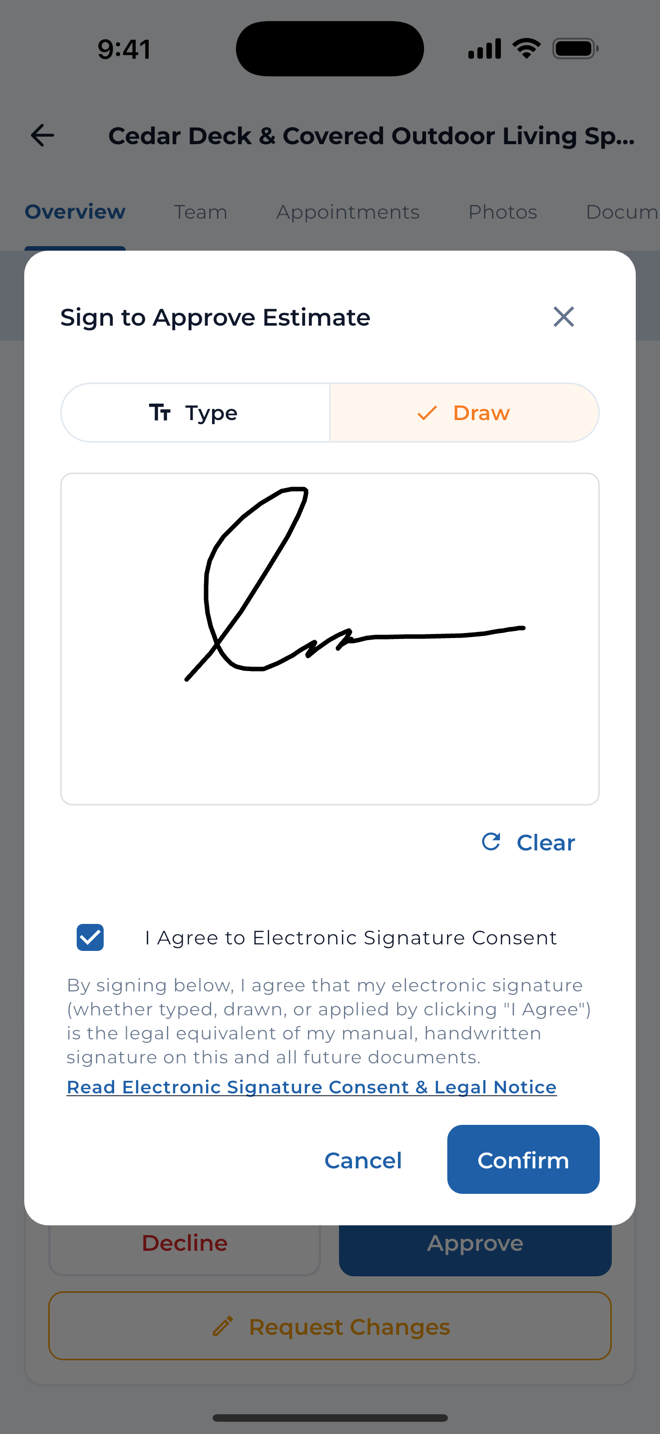 TaskTied mobile digital signature screen showing ESIGN approval