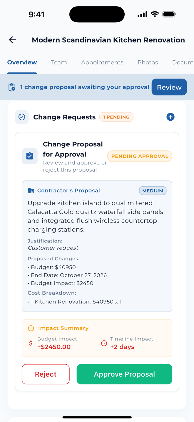 TaskTied mobile change order review showing price and timeline impacts